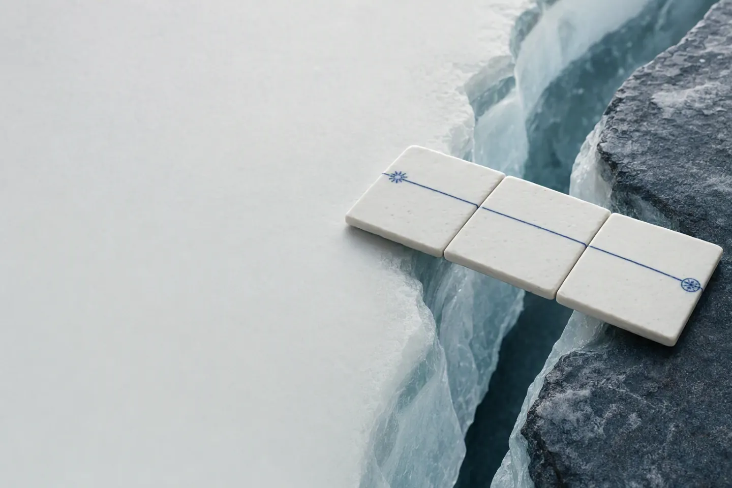 Three porcelain tiles forming a bridge over a glacial fissure, joined by one unbroken cobalt line